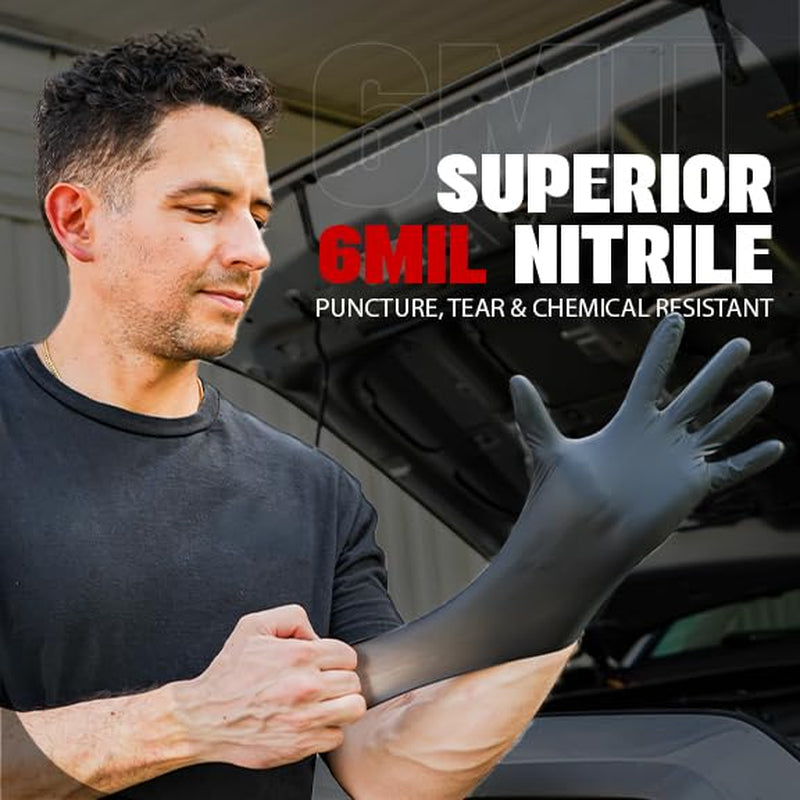 Heavy Duty 6 Mil Black Nitrile Gloves - Disposable, Latex & Powder Free | Mechanic, Food Prep & Tattoo | Rubber Gloves for Cooking, Cleaning & Household | Pack of (100)