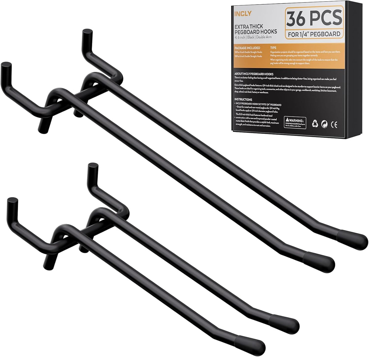 36 Pack 4/6 Inch Double Arm Pegboard Hooks, 1/4" Heavy Duty