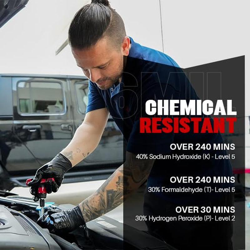 Heavy Duty 6 Mil Black Nitrile Gloves - Disposable, Latex & Powder Free | Mechanic, Food Prep & Tattoo | Rubber Gloves for Cooking, Cleaning & Household | Pack of (100)