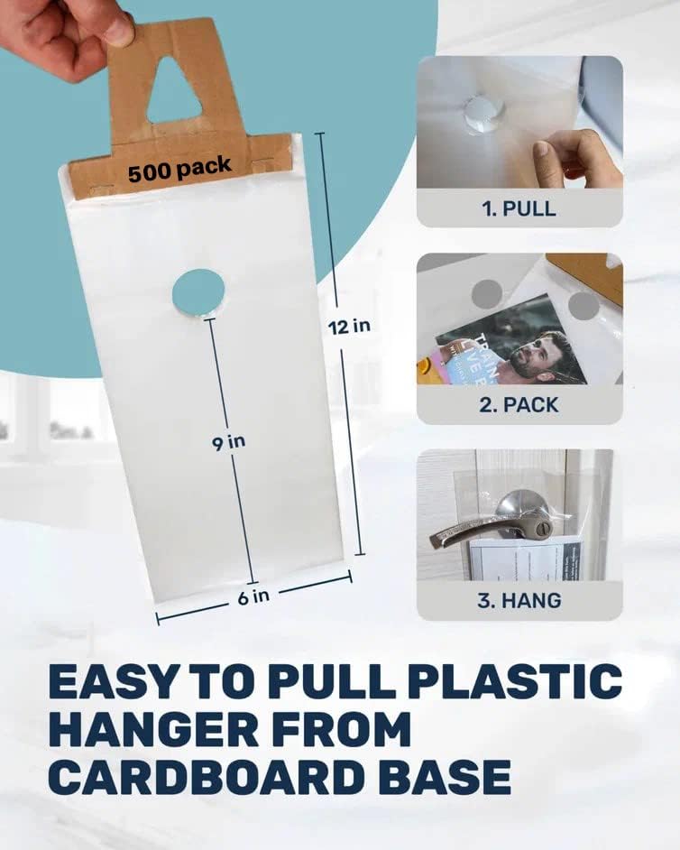 Tidyfriend Clear Plastic Door Hanger Bags 6” x 12” (500 Pack) - Waterproof and Secure Solution for Flyers, Brochures, Notices, and Printed Materials for Outdoor Use