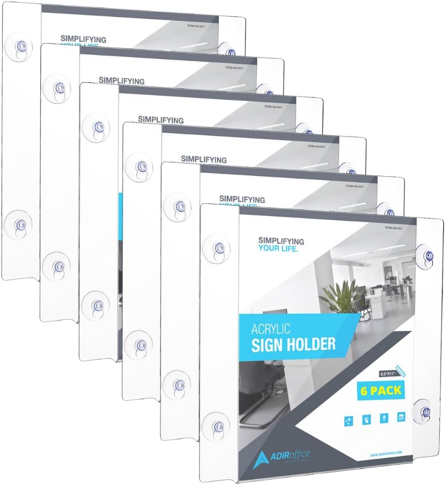 Adir Acrylic Sign Holder – Window Sign Holder with Suction Cups for Advertising and Promotion, Wall-Mount Display Frame, Clear Sign Holder Stand for Glass, Mall, Restaurants, Office - 2 Pack (8.5X11 Inch)