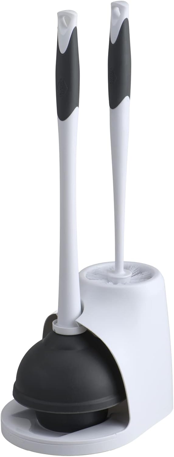 Toilet Plunger and Brush Bowl Set with Holder Caddy Storage for Cleaning Bathroom and Unclogging Toilets, White and Gray