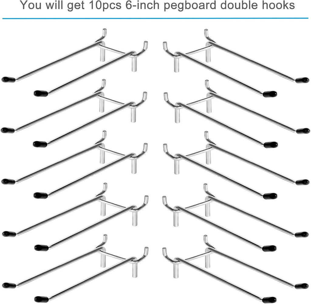10 Pcs Pegboard Hooks, 6 Inch Peg Board Hooks, Pegboard Pegs Accessories with Rubber Tipped, Double Peg Hook Fit 1/4” Hole, Heavy Duty Tool Utility Hook for Hanging Tools, Bags and More