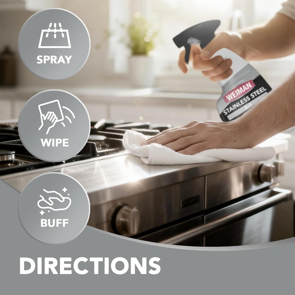 Stainless Steel Cleaner and Polish - 2 Pack, Anti-Fingerprint Spray with Cloth, Effective Against Water Spots and Grease, Streak-Free and Residue-Free, Safe for Metal, Chrome, Appliances, Sinks, and Grills