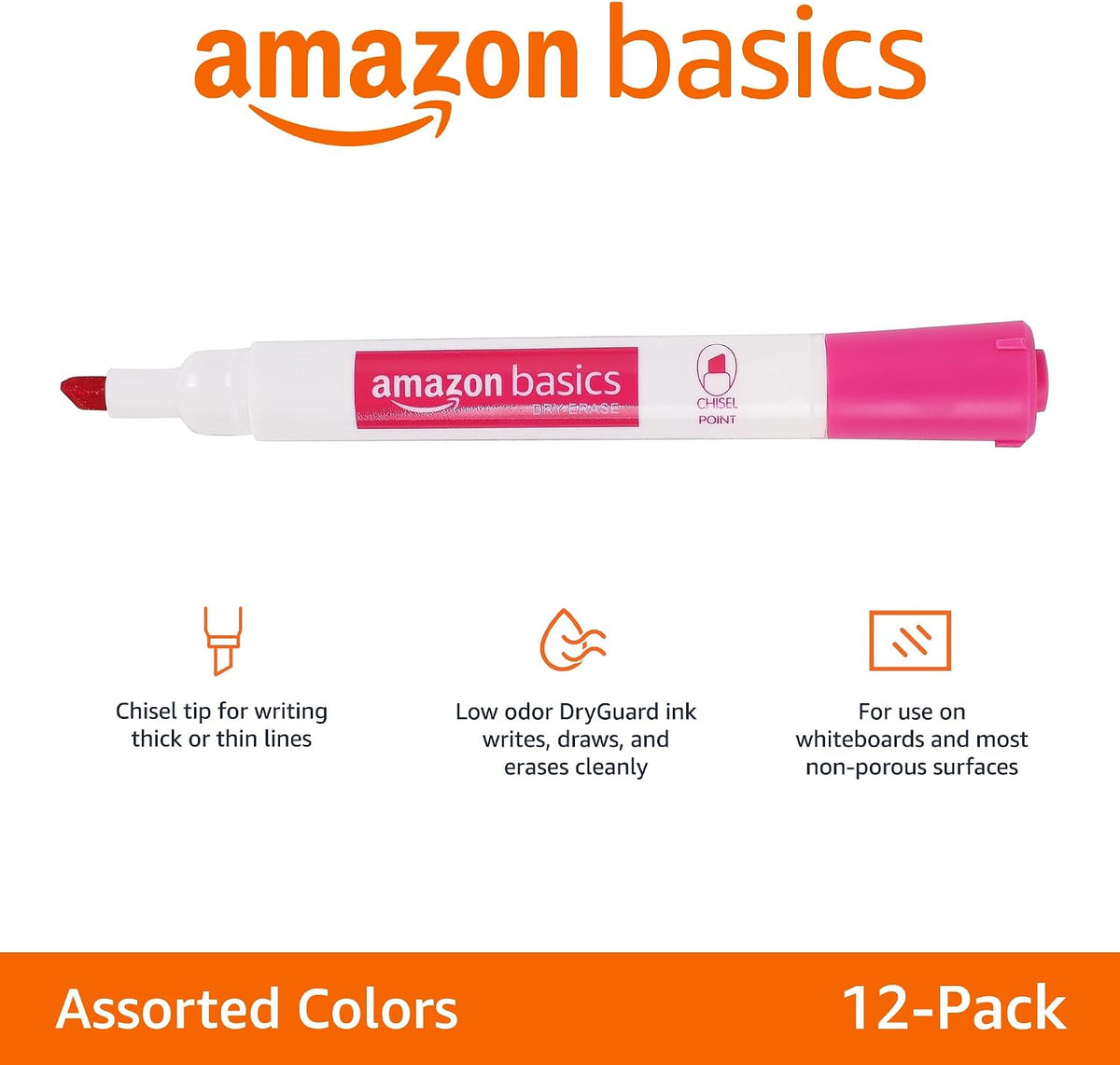 Dry Erase Whiteboard Markers, Chisel Tip, Low-Odor, Assorted Colors, 12-Pack, Erase Easily