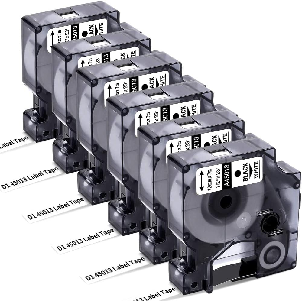 6-Pack Replace for DYMO D1 Label Tape 45013 Black on White 1/2 Inch X 23 Ft