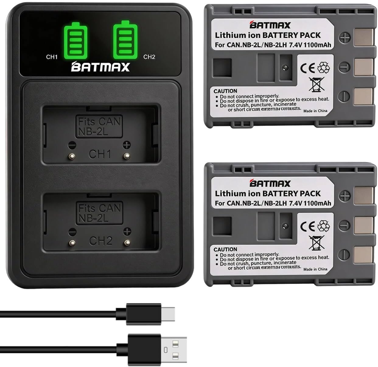 2Pcs NB-2L NB-2LH Battery + Dual USB LED Charger for Canon Powershot G7 G9 S80 S70 S60 S50 S45 S40 S30, Canon DC410 DC420 EOS 350D 400D Digital Rebel XT Xti, VIXIA HF R10
