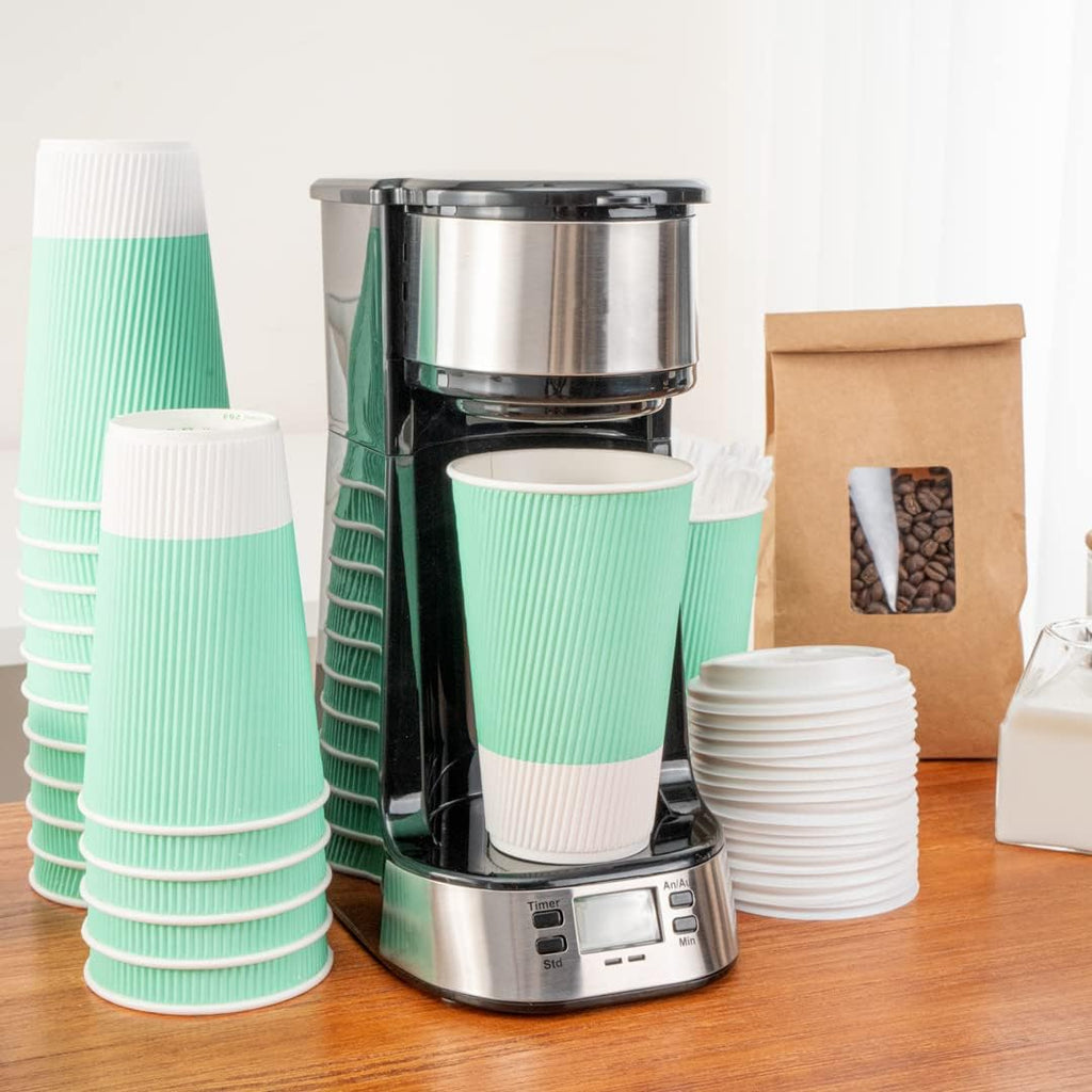 16 Ounce Ripple Wall Disposable Paper Cups - Pack of 25, Leakproof and Recyclable Light Green Insulated Holders, Matching Lids Sold Separately