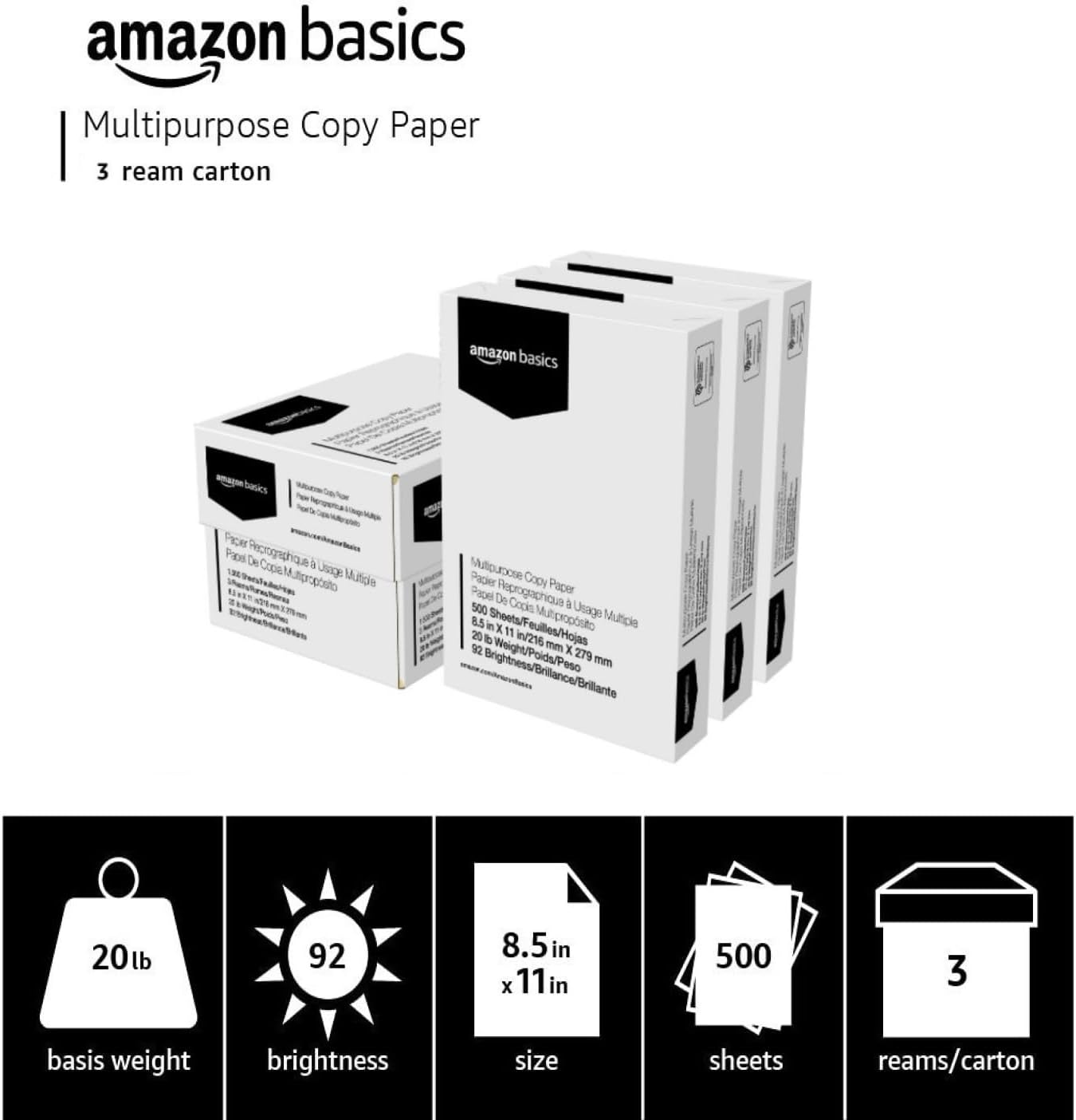 Multipurpose Copy Paper, 20 lb, 8.5 x 11 inches, 3 Reams (1,500 Sheets), 92 Bright White, Ideal for Home Use