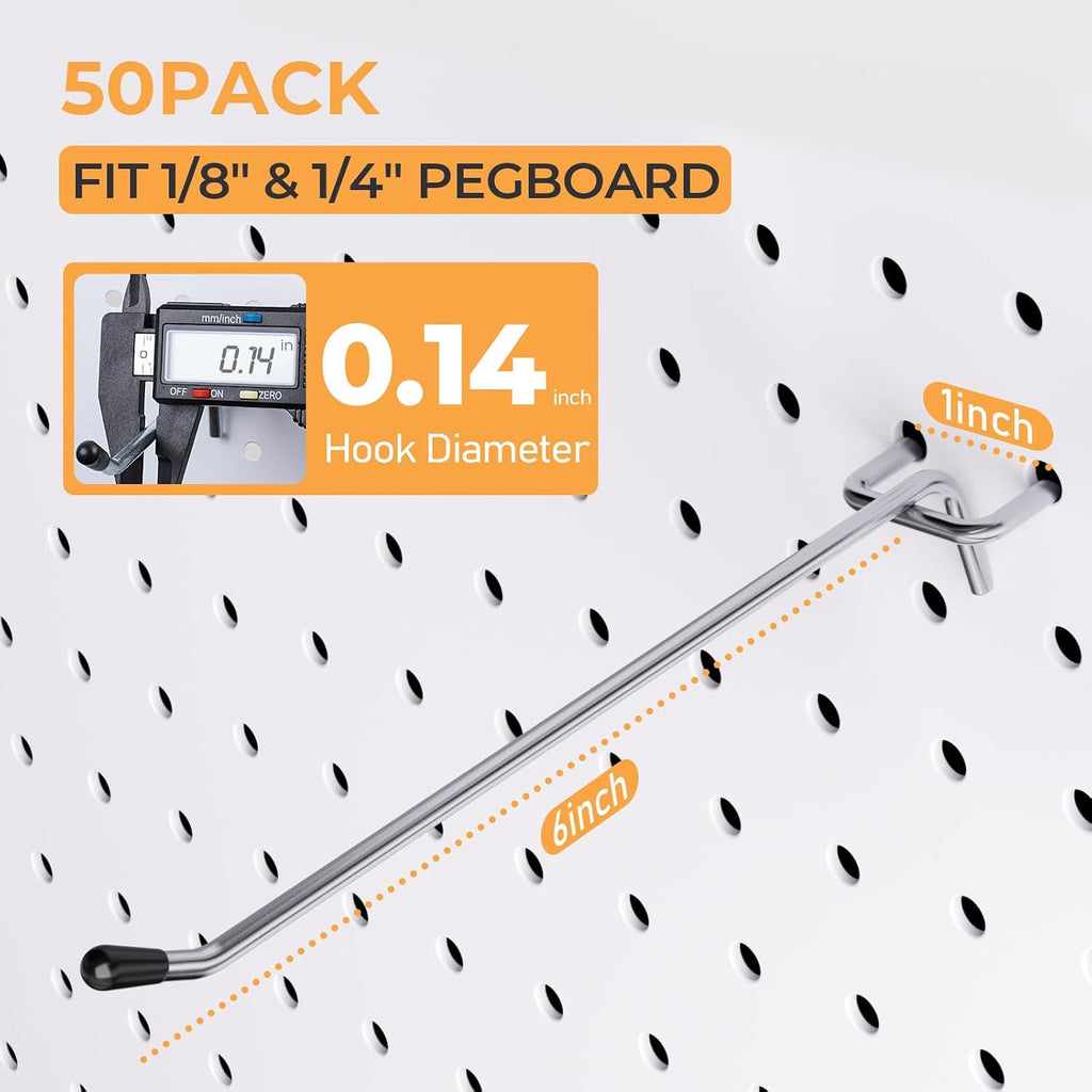50 Pack Pegboard Hooks, 6 Inch Peg Board Shelving Hooks Accessories