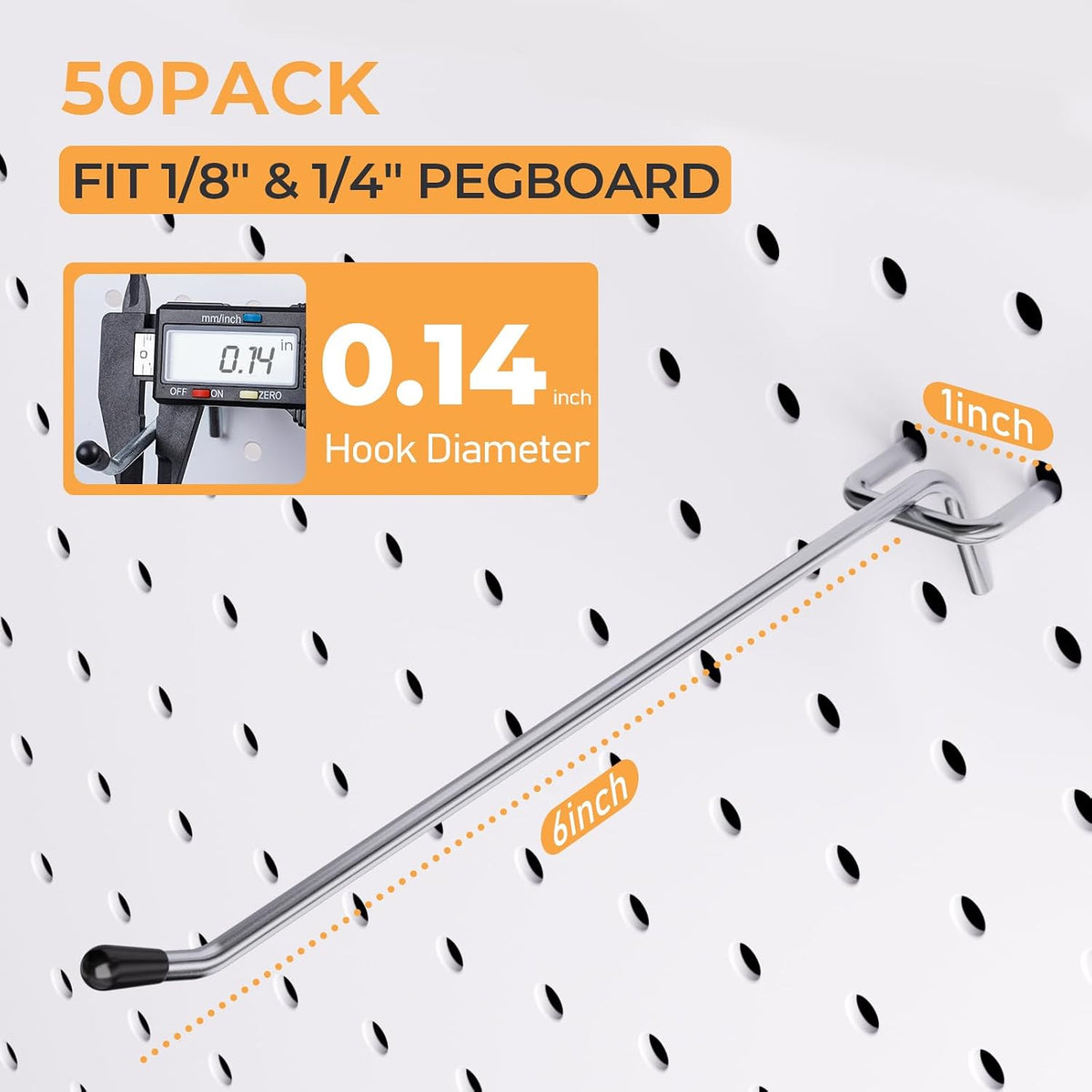 50 Pack Pegboard Hooks, 6 Inch Peg Board Shelving Hooks Accessories