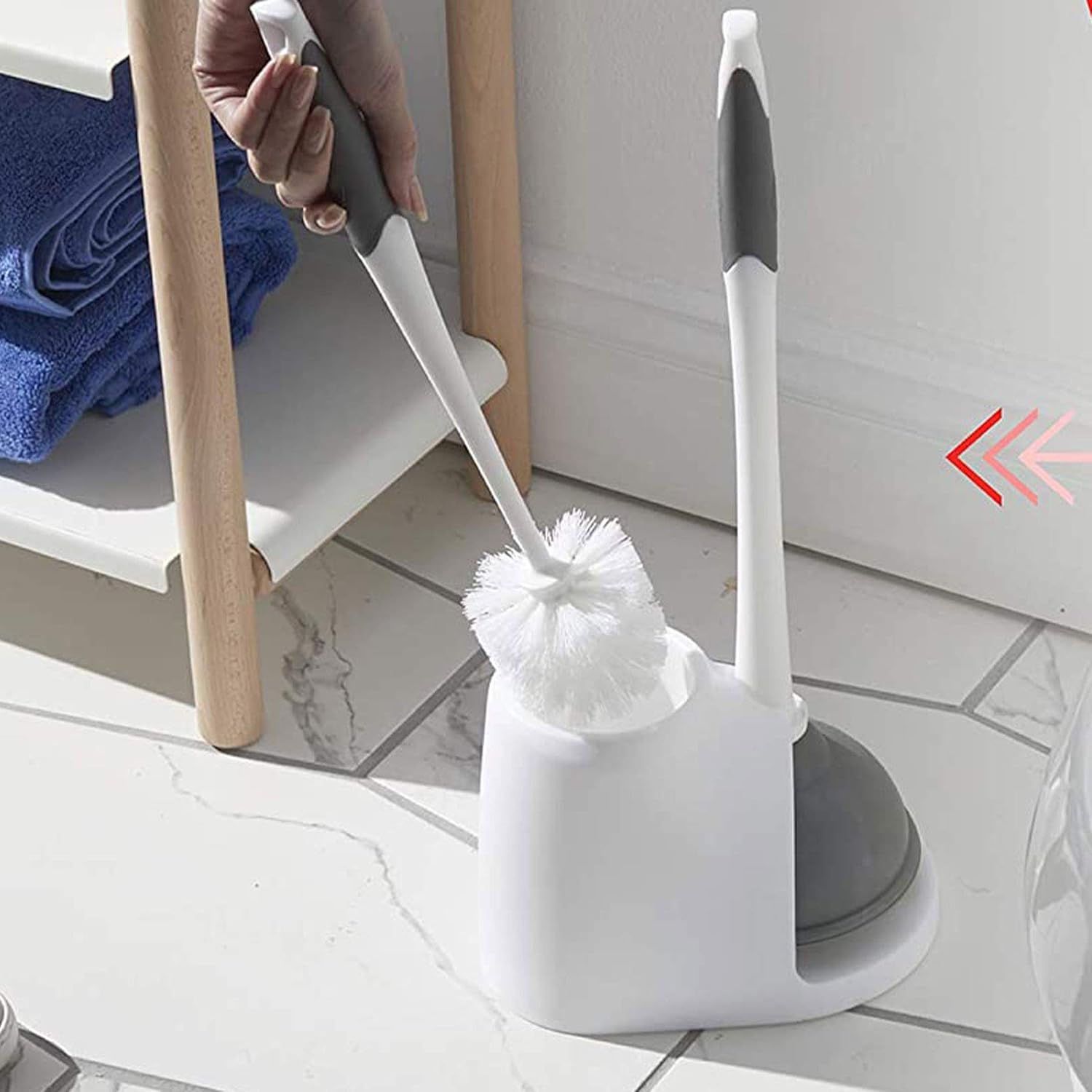 Toilet Plunger and Brush Bowl Set with Holder Caddy Storage for Cleaning Bathroom and Unclogging Toilets, White and Gray