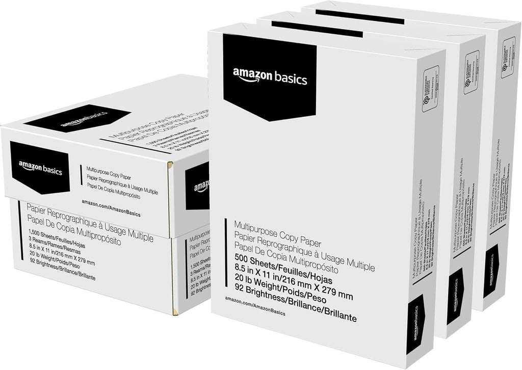 Multipurpose Copy Paper, 20 lb, 8.5 x 11 inches, 3 Reams (1,500 Sheets), 92 Bright White, Ideal for Home Use