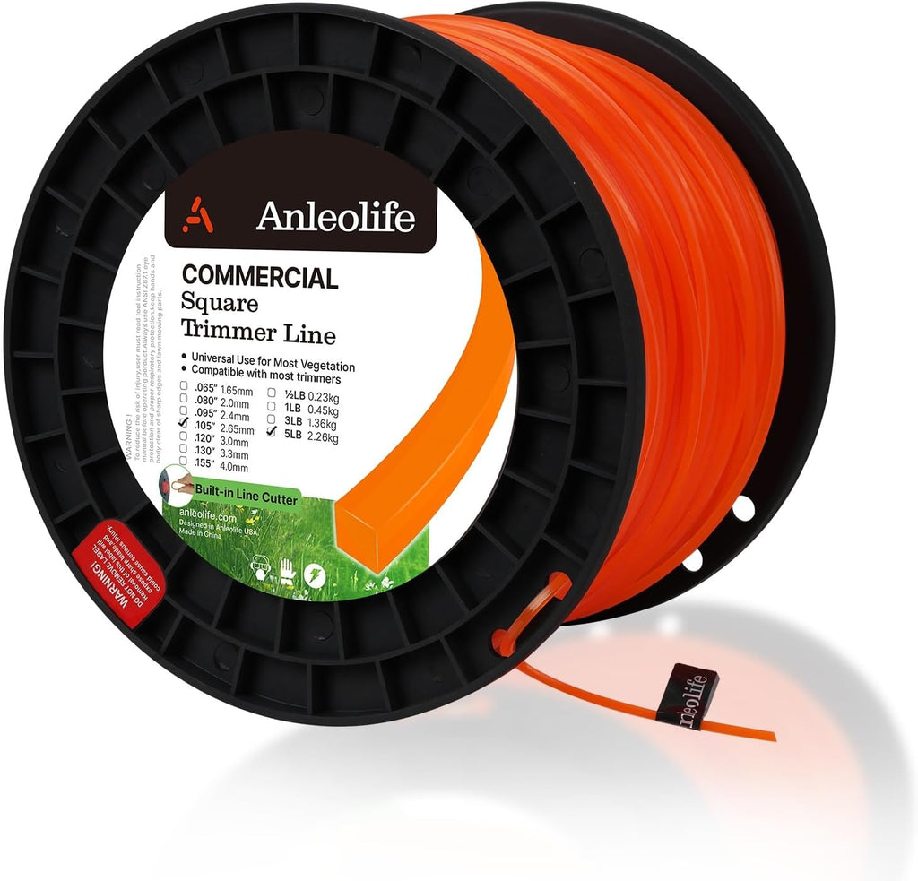 Anleolife .155" Commercial Square Heavy Duty Trimmer Line for Brush, 3 Lb | 280 Ft Spool for Briars, Brambles, Heavy Weeds, Rough Edging, and High-Capacity Heads; Cutter Helps Measure, Cut, and Reload.