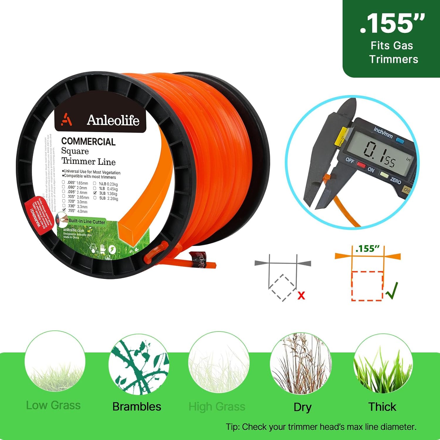 Anleolife .155" Commercial Square Heavy Duty Trimmer Line for Brush, 3 Lb | 280 Ft Spool for Briars, Brambles, Heavy Weeds, Rough Edging, and High-Capacity Heads; Cutter Helps Measure, Cut, and Reload.