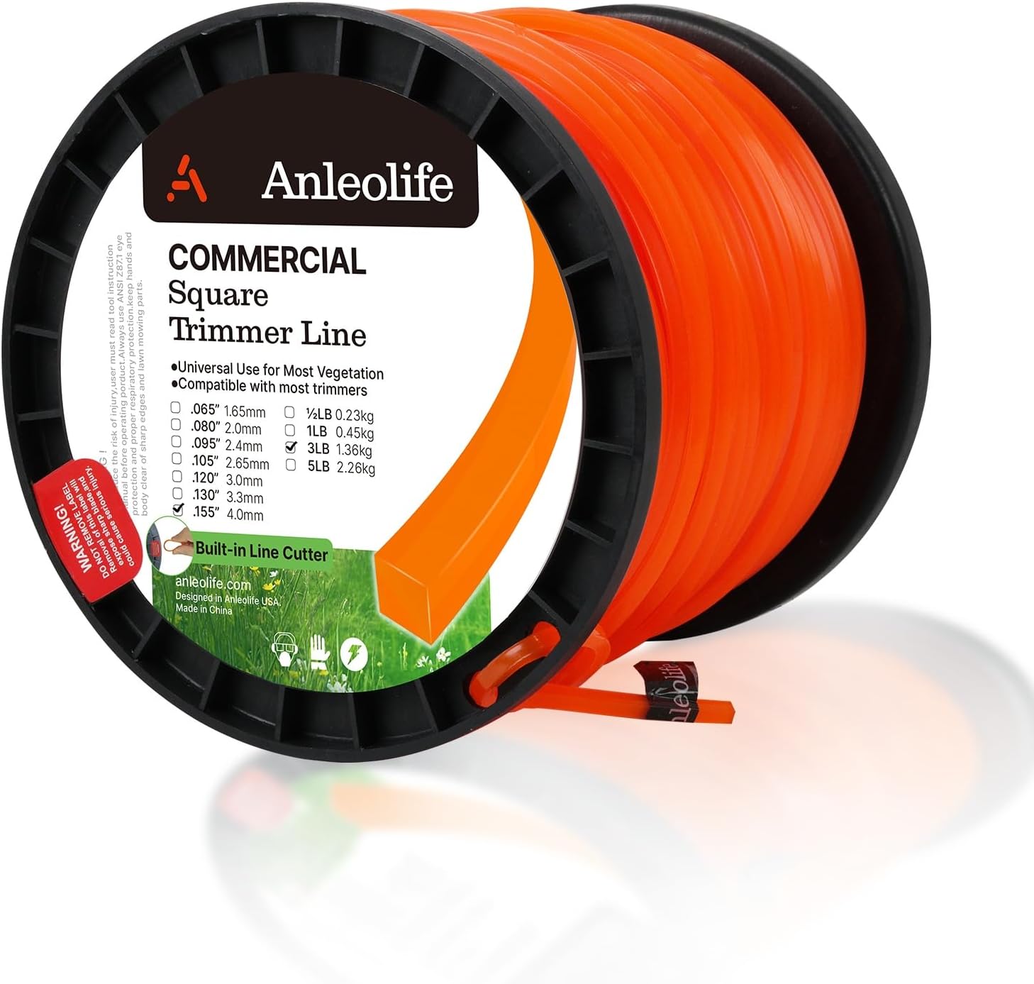 Anleolife .155" Commercial Square Heavy Duty Trimmer Line for Brush, 3 Lb | 280 Ft Spool for Briars, Brambles, Heavy Weeds, Rough Edging, and High-Capacity Heads; Cutter Helps Measure, Cut, and Reload.