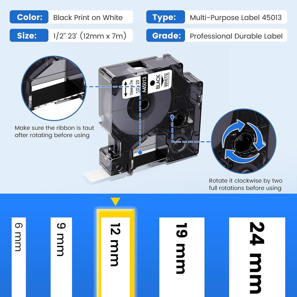 6-Pack Replace for DYMO D1 Label Tape 45013 Black on White 1/2 Inch X 23 Ft