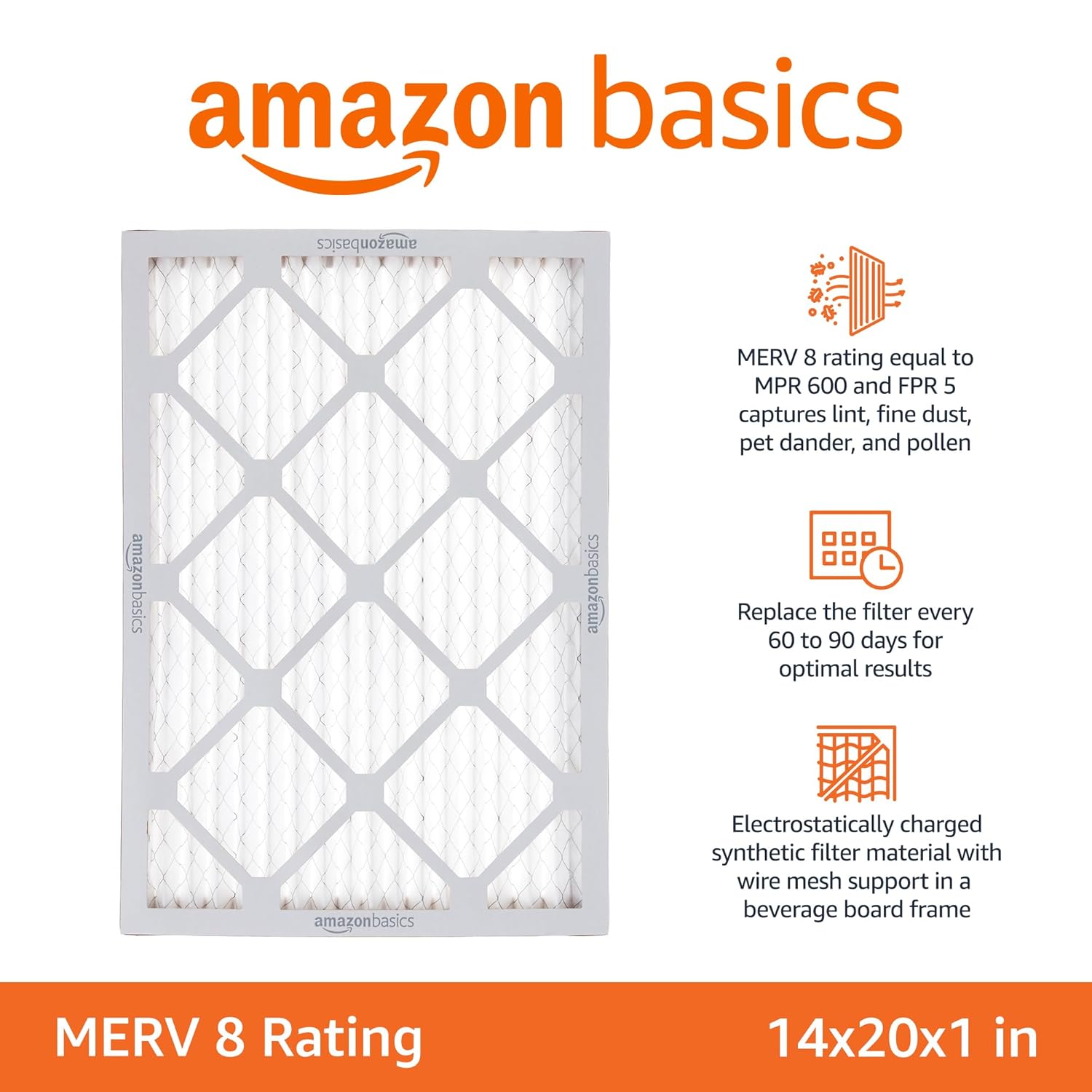 14X20X1 Air Filter, MERV 8 AC Furnace Filters, Allergen Control , Electrostatic, Removes Dust Pollen and Lint, 6-Pack (Actual Size: 13.75" X 19.75" X 0.75")