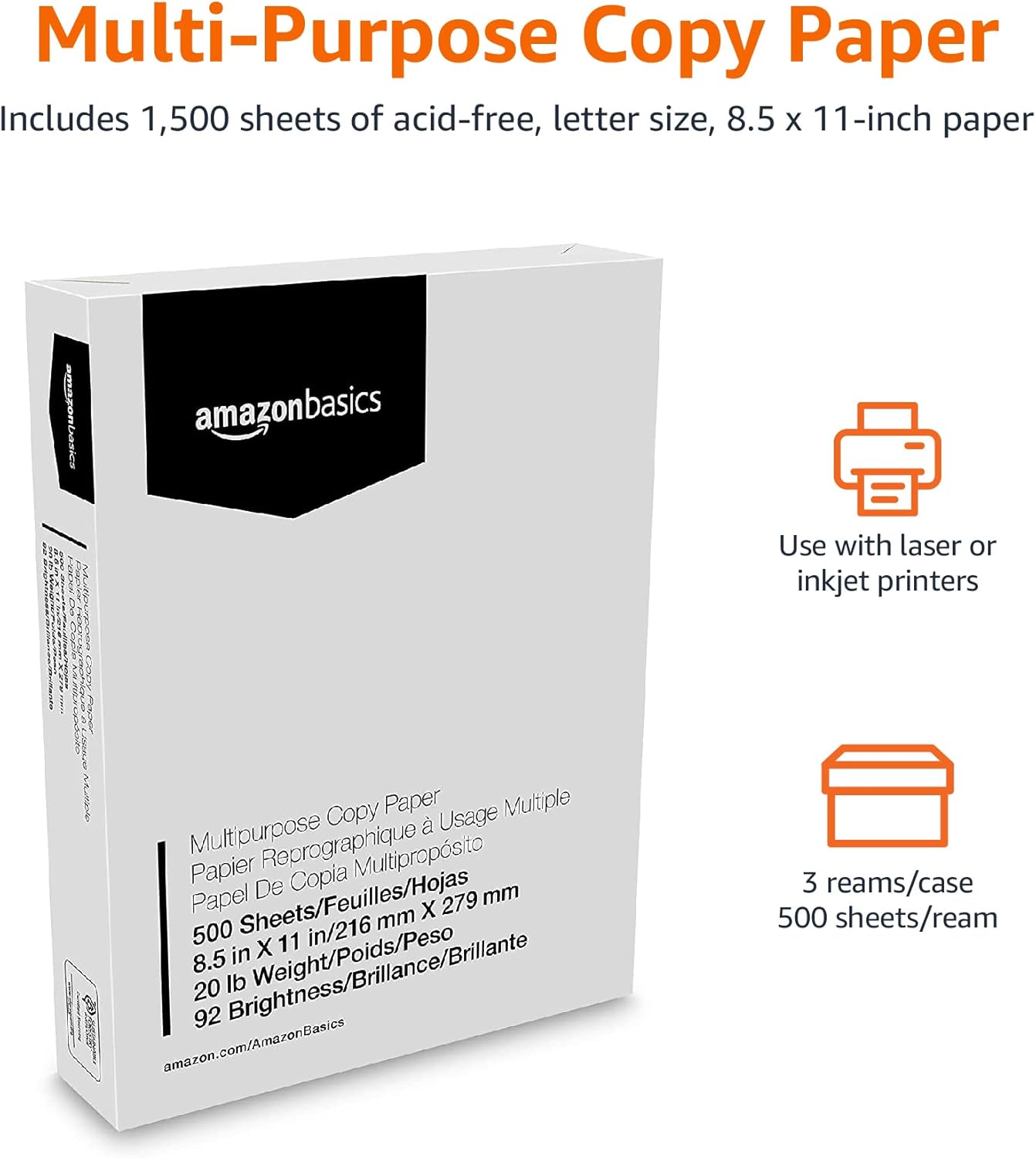 Multipurpose Copy Paper, 20 lb, 8.5 x 11 inches, 3 Reams (1,500 Sheets), 92 Bright White, Ideal for Home Use