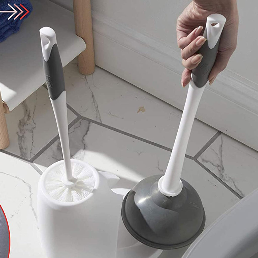 Toilet Plunger and Brush Bowl Set with Holder Caddy Storage for Cleaning Bathroom and Unclogging Toilets, White and Gray