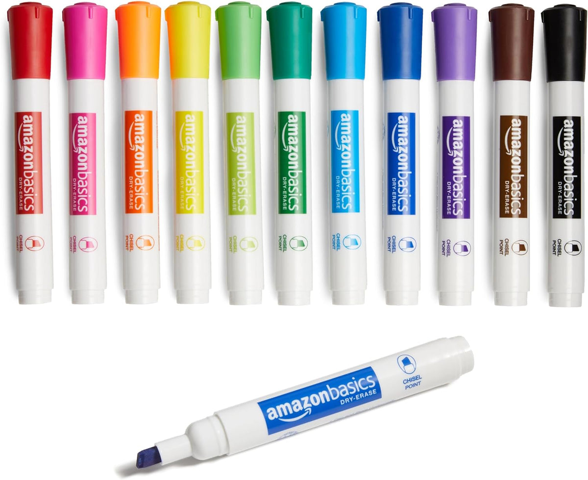 Dry Erase Whiteboard Markers, Chisel Tip, Low-Odor, Assorted Colors, 12-Pack, Erase Easily