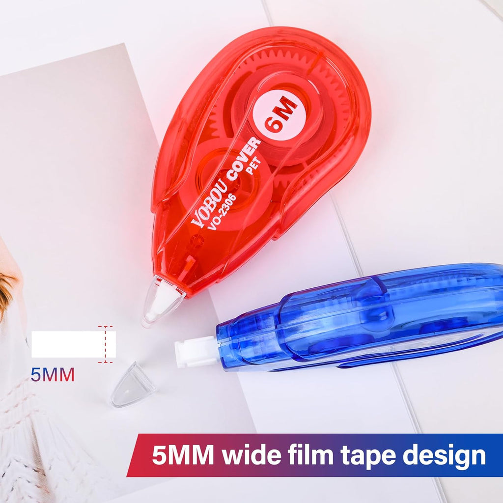 White Correction Tape - User-Friendly Applicator for Quick Corrections, Ideal for School and Office Use (Red and Blue, 12 Pack, 6M/256" X 0.2")