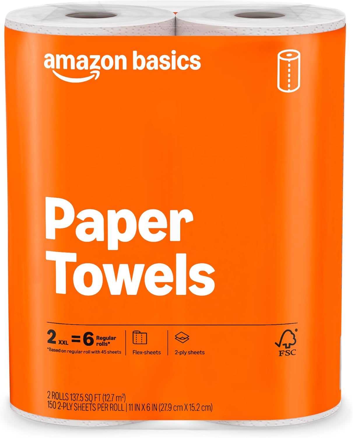 2-Ply Flex-Sheets Paper Towels, 12 Basics Rolls = 40 Regular Rolls, Everyday Value with 150 Sheets per Roll, Packaging May Vary