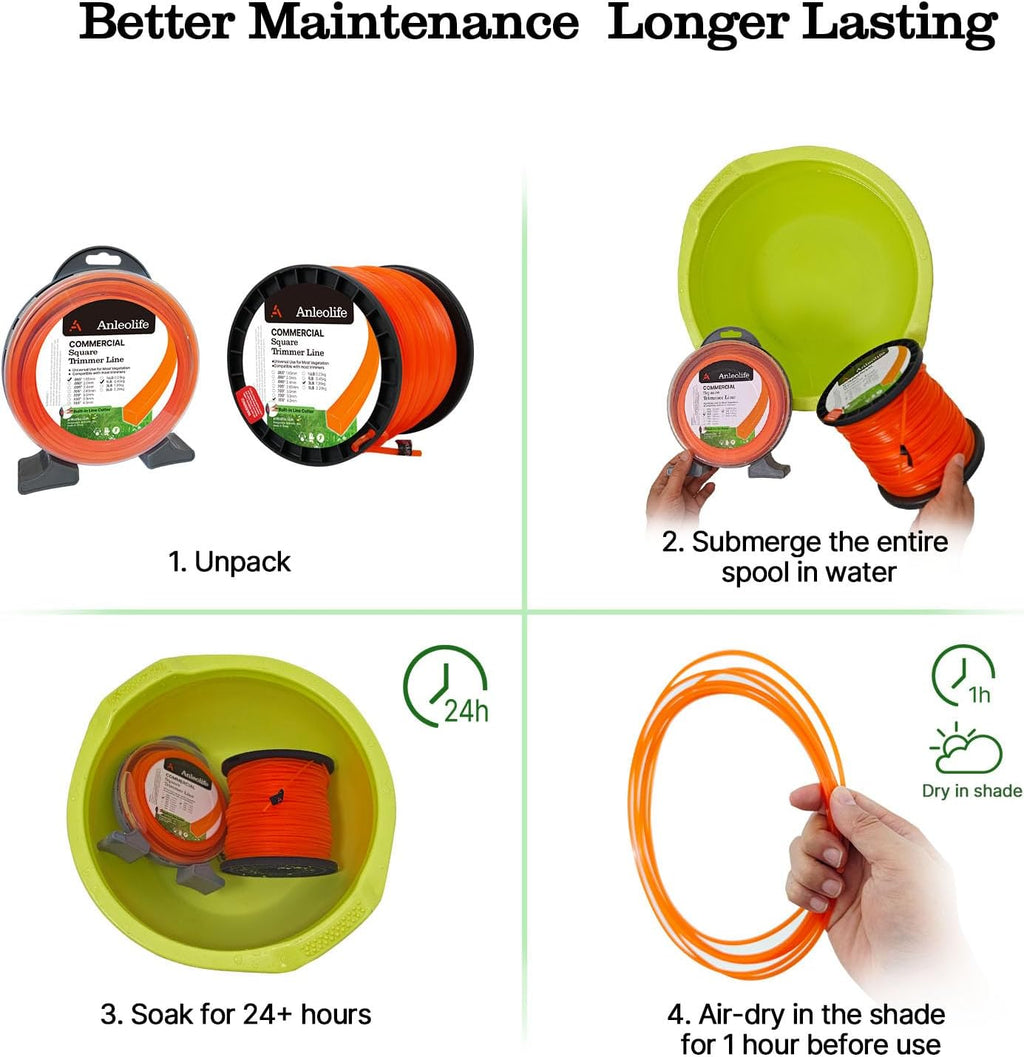 Anleolife .155" Commercial Square Heavy Duty Trimmer Line for Brush, 3 Lb | 280 Ft Spool for Briars, Brambles, Heavy Weeds, Rough Edging, and High-Capacity Heads; Cutter Helps Measure, Cut, and Reload.