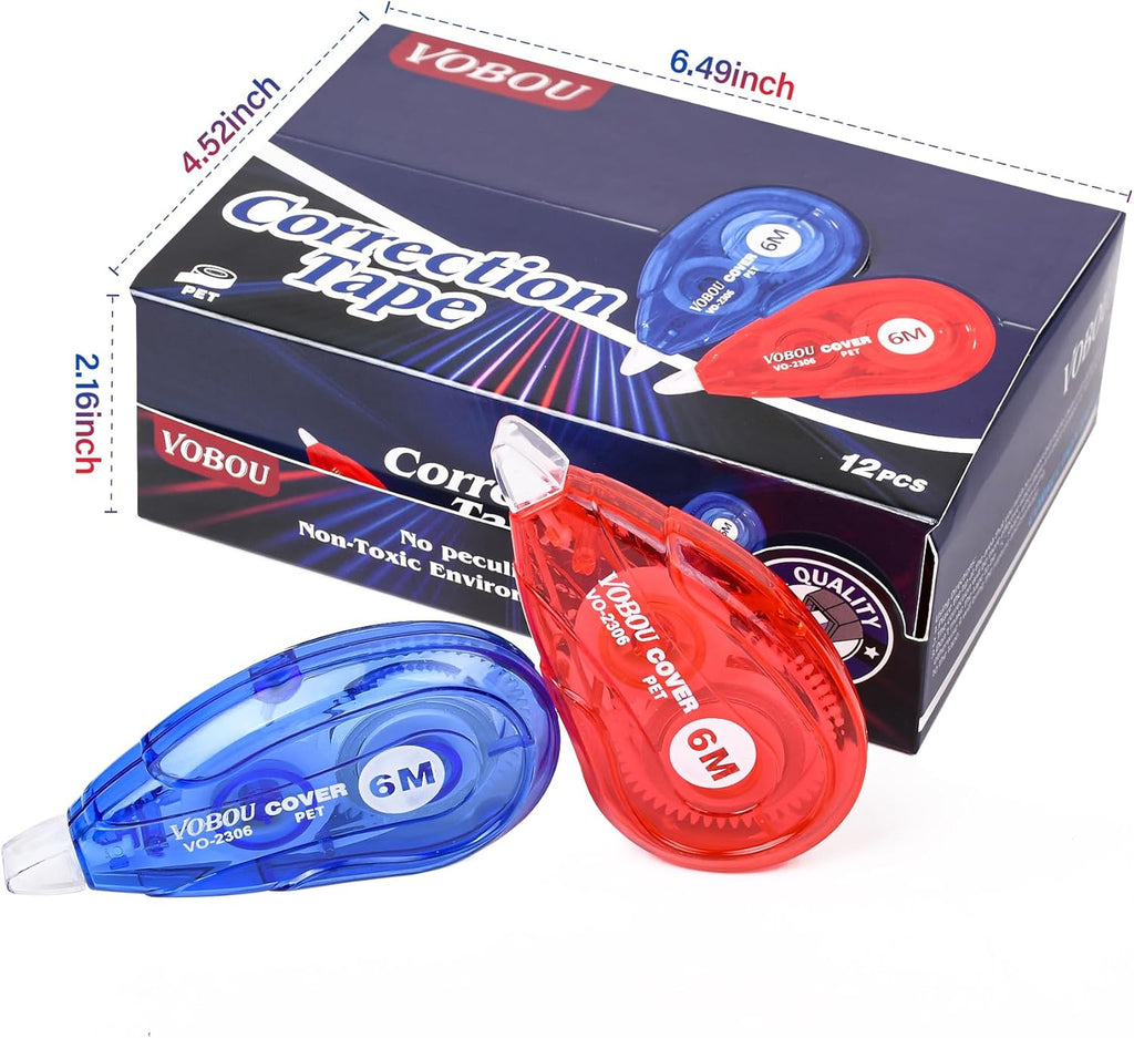 White Correction Tape - User-Friendly Applicator for Quick Corrections, Ideal for School and Office Use (Red and Blue, 12 Pack, 6M/256" X 0.2")