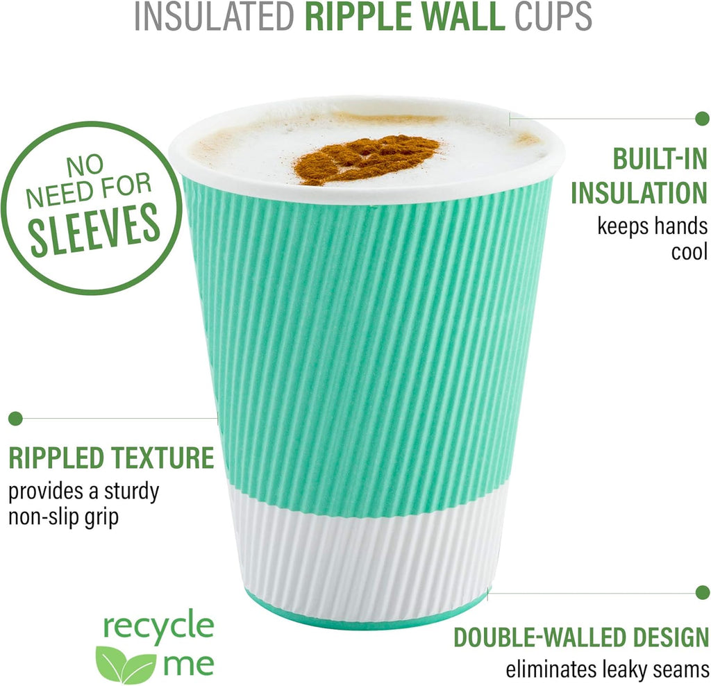 16 Ounce Ripple Wall Disposable Paper Cups - Pack of 25, Leakproof and Recyclable Light Green Insulated Holders, Matching Lids Sold Separately