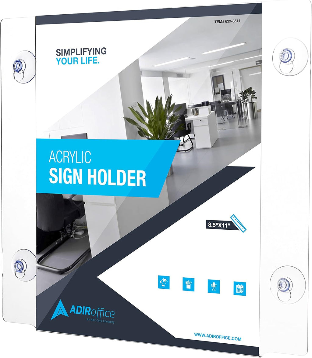 Adir Acrylic Sign Holder – Window Sign Holder with Suction Cups for Advertising and Promotion, Wall-Mount Display Frame, Clear Sign Holder Stand for Glass, Mall, Restaurants, Office - 2 Pack (8.5X11 Inch)