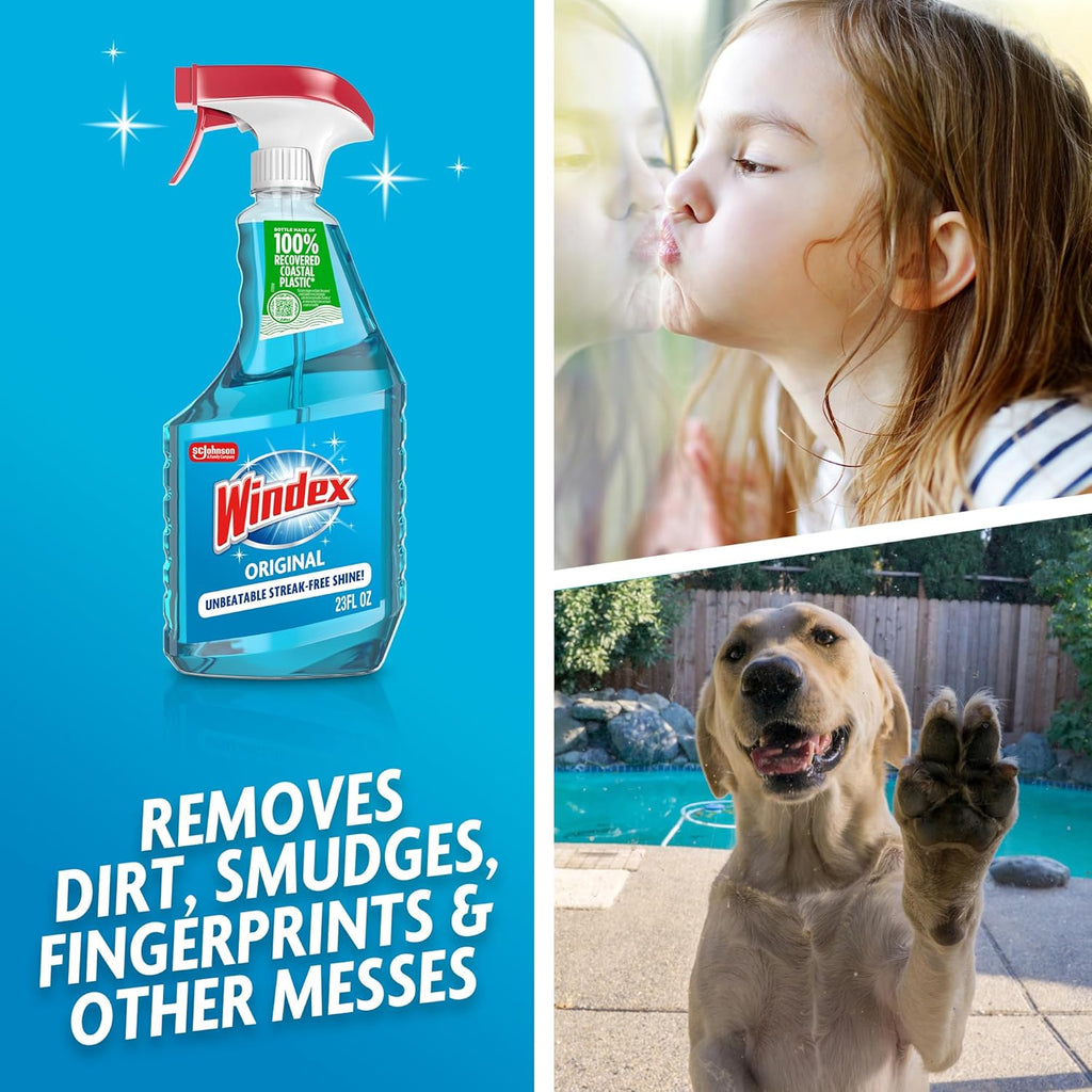 Windex Glass and Window Cleaner Spray Bottle, Packaging Designed to Prevent Leakage and Breaking, Surface Cleaning Spray, Original Blue Scent, 23 Fl Oz