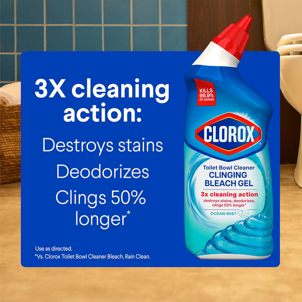 Toilet Bowl Cleaner Clinging Bleach Gel, Kills 99.9% of Bacteria and Viruses, Ocean Mist, 24 Fl Oz, Pack of 2