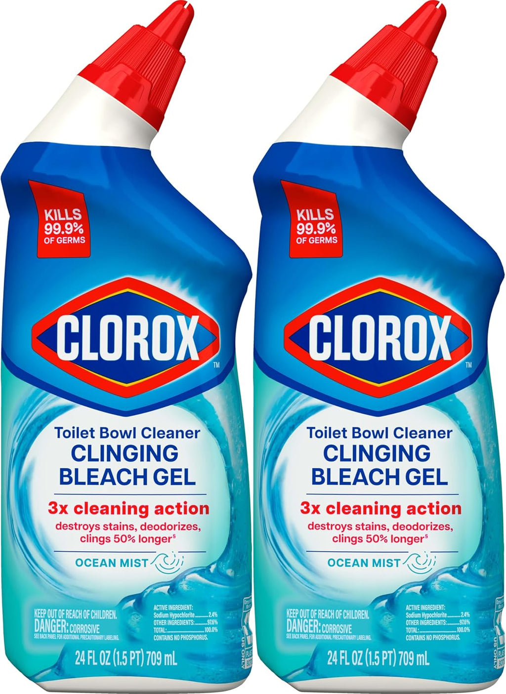Toilet Bowl Cleaner Clinging Bleach Gel, Kills 99.9% of Bacteria and Viruses, Ocean Mist, 24 Fl Oz, Pack of 2