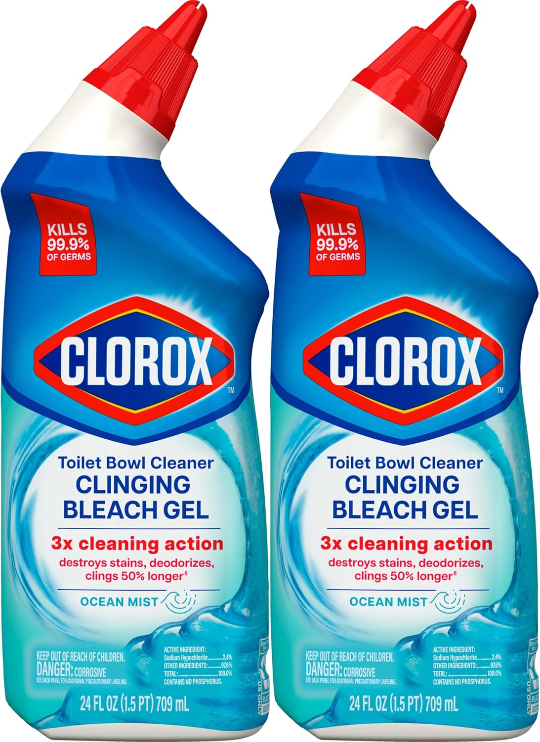 Toilet Bowl Cleaner Clinging Bleach Gel, Kills 99.9% of Bacteria and Viruses, Ocean Mist, 24 Fl Oz, Pack of 2
