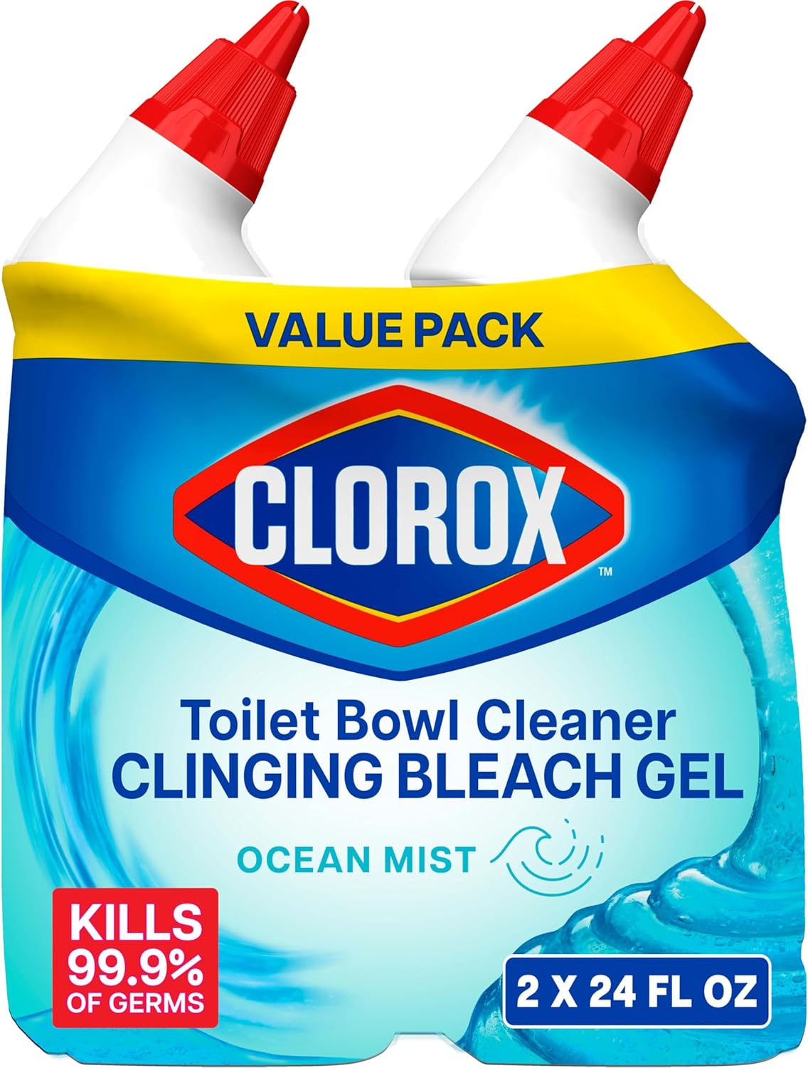 Toilet Bowl Cleaner Clinging Bleach Gel, Kills 99.9% of Bacteria and Viruses, Ocean Mist, 24 Fl Oz, Pack of 2