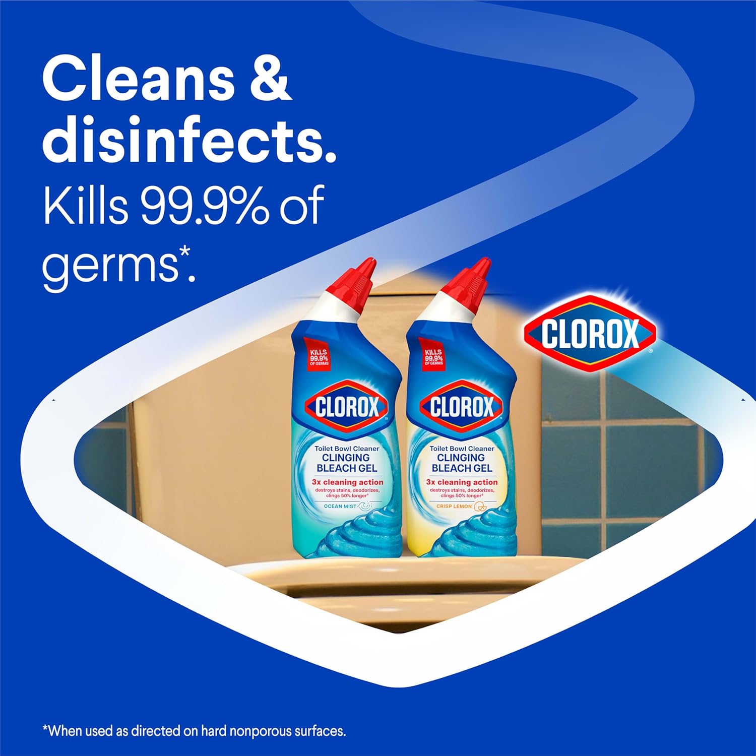 Toilet Bowl Cleaner Clinging Bleach Gel, Kills 99.9% of Bacteria and Viruses, Ocean Mist, 24 Fl Oz, Pack of 2