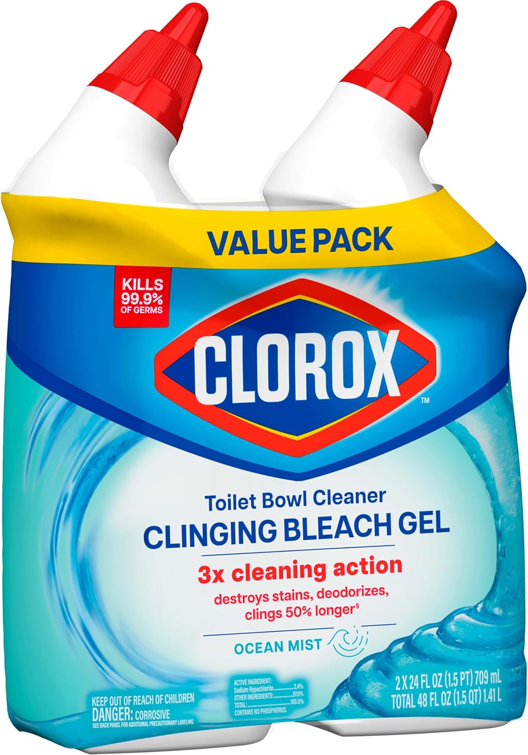 Toilet Bowl Cleaner Clinging Bleach Gel, Kills 99.9% of Bacteria and Viruses, Ocean Mist, 24 Fl Oz, Pack of 2