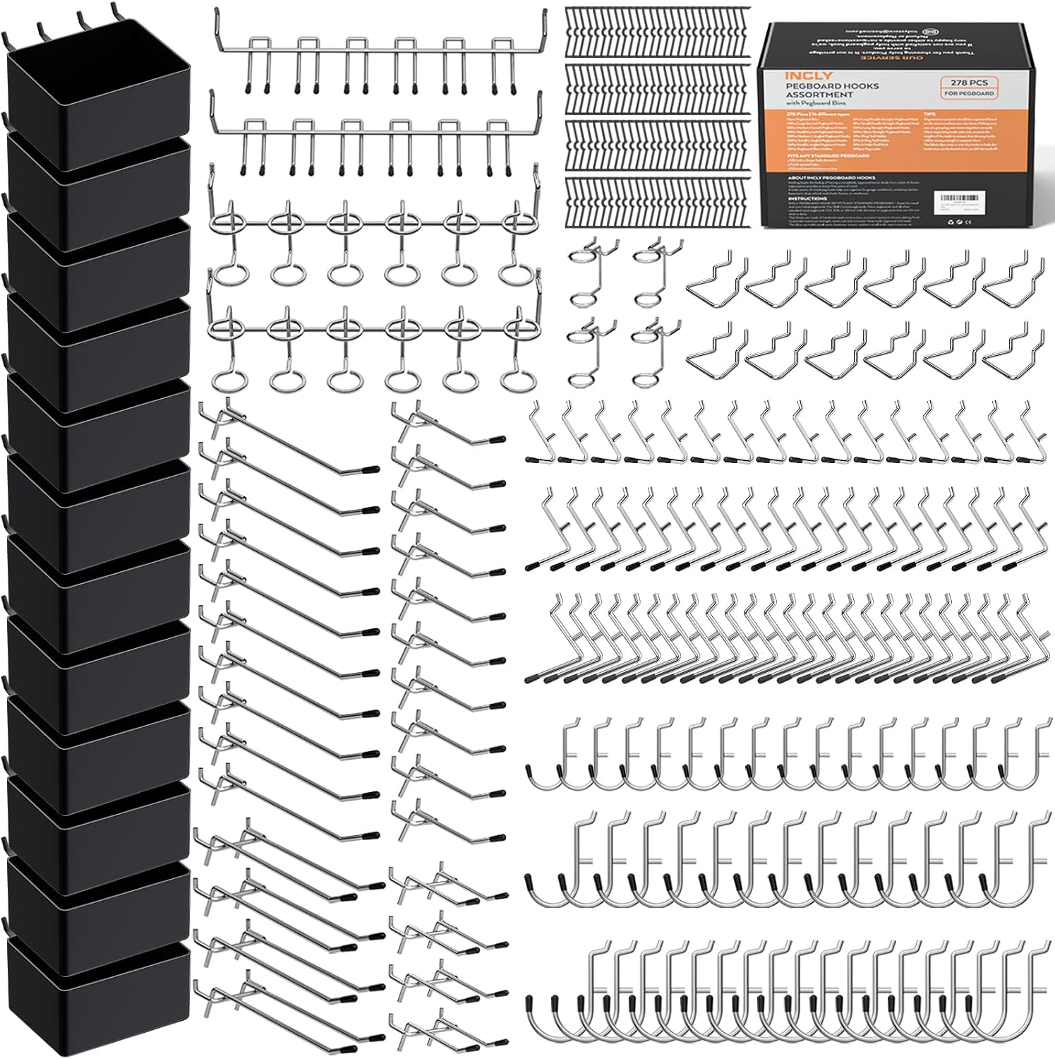 278PCS Pegboard Accessories Organizer Kit, Peg Board Hooks Assortment with Bins for Organizing Various Tools, Fit 1/8 or 1/4 Inch Pegboard for Hanging Storage, Garage Wall Attachments