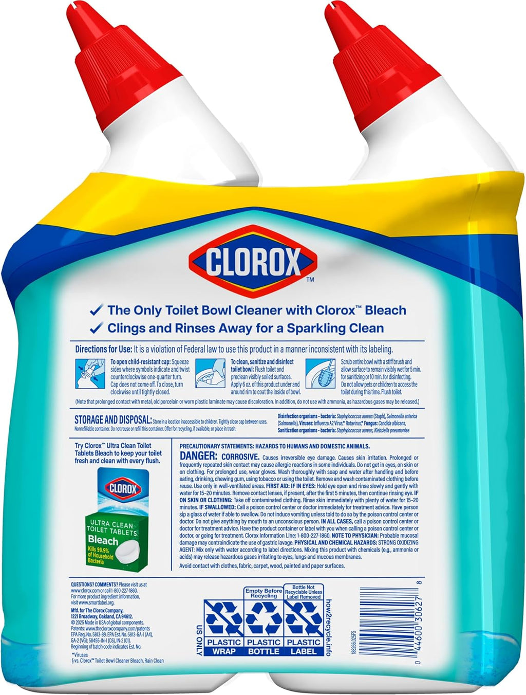 Toilet Bowl Cleaner Clinging Bleach Gel, Kills 99.9% of Bacteria and Viruses, Ocean Mist, 24 Fl Oz, Pack of 2