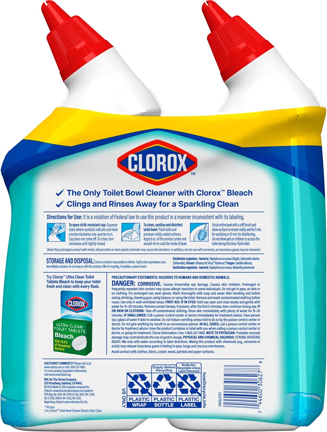 Toilet Bowl Cleaner Clinging Bleach Gel, Kills 99.9% of Bacteria and Viruses, Ocean Mist, 24 Fl Oz, Pack of 2