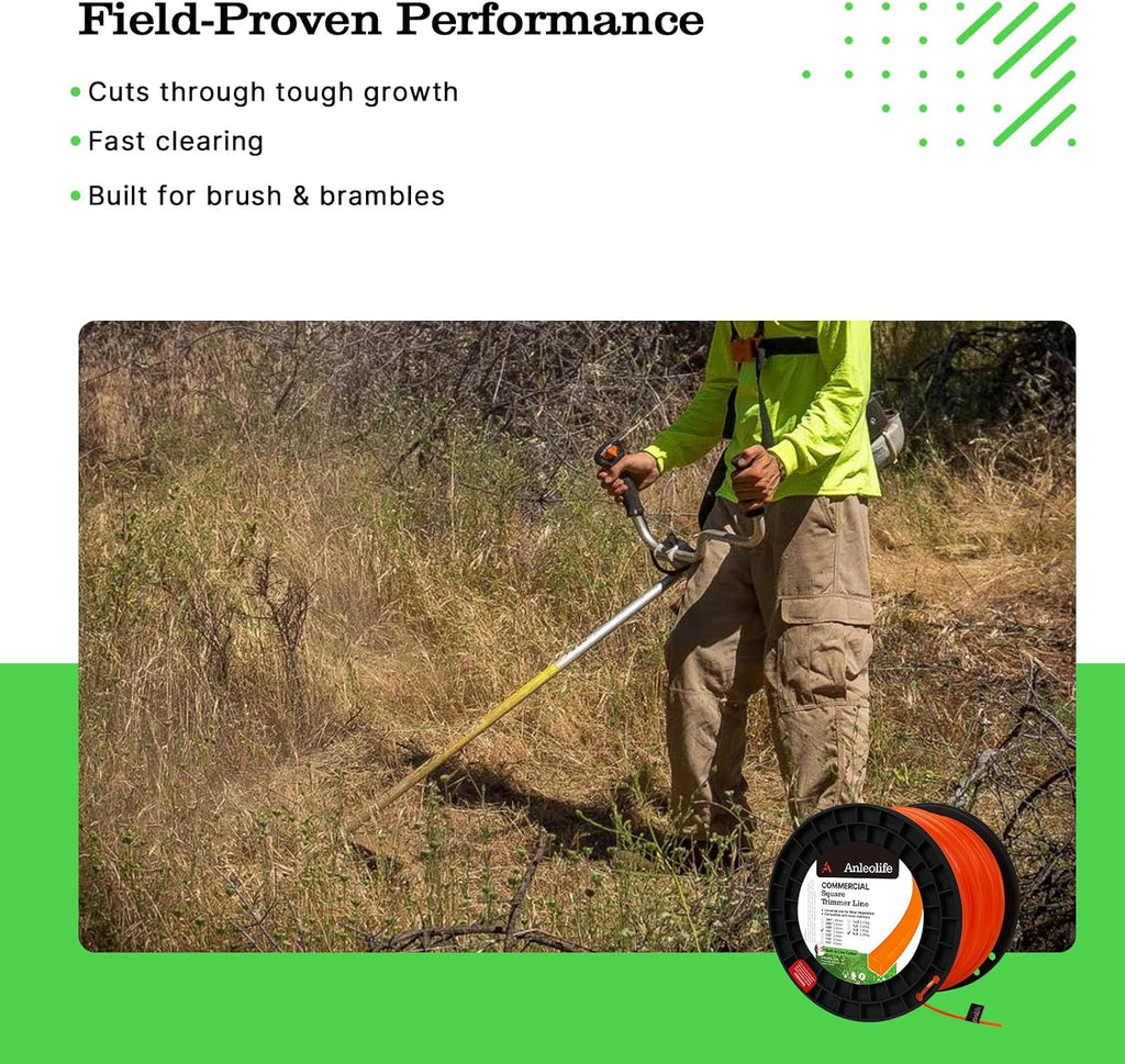 Anleolife .155" Commercial Square Heavy Duty Trimmer Line for Brush, 3 Lb | 280 Ft Spool for Briars, Brambles, Heavy Weeds, Rough Edging, and High-Capacity Heads; Cutter Helps Measure, Cut, and Reload.