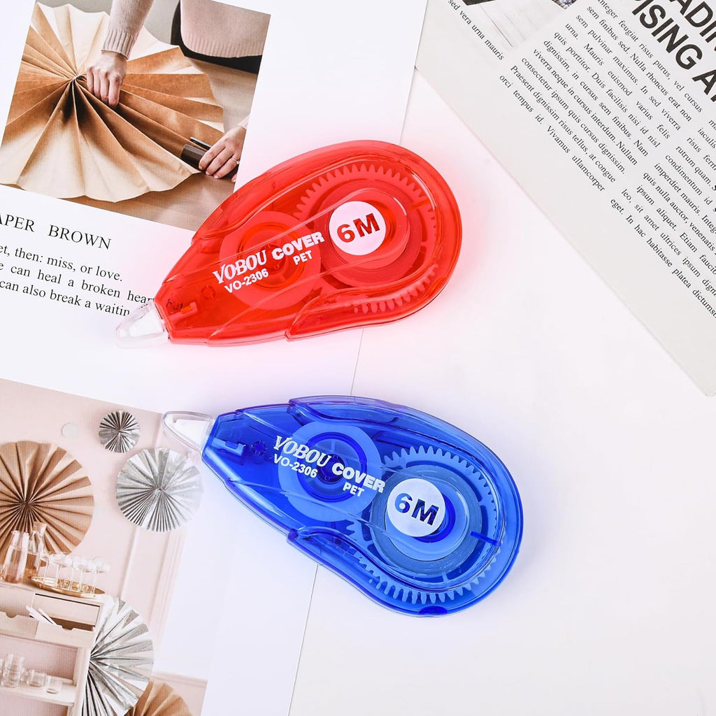 White Correction Tape - User-Friendly Applicator for Quick Corrections, Ideal for School and Office Use (Red and Blue, 12 Pack, 6M/256" X 0.2")
