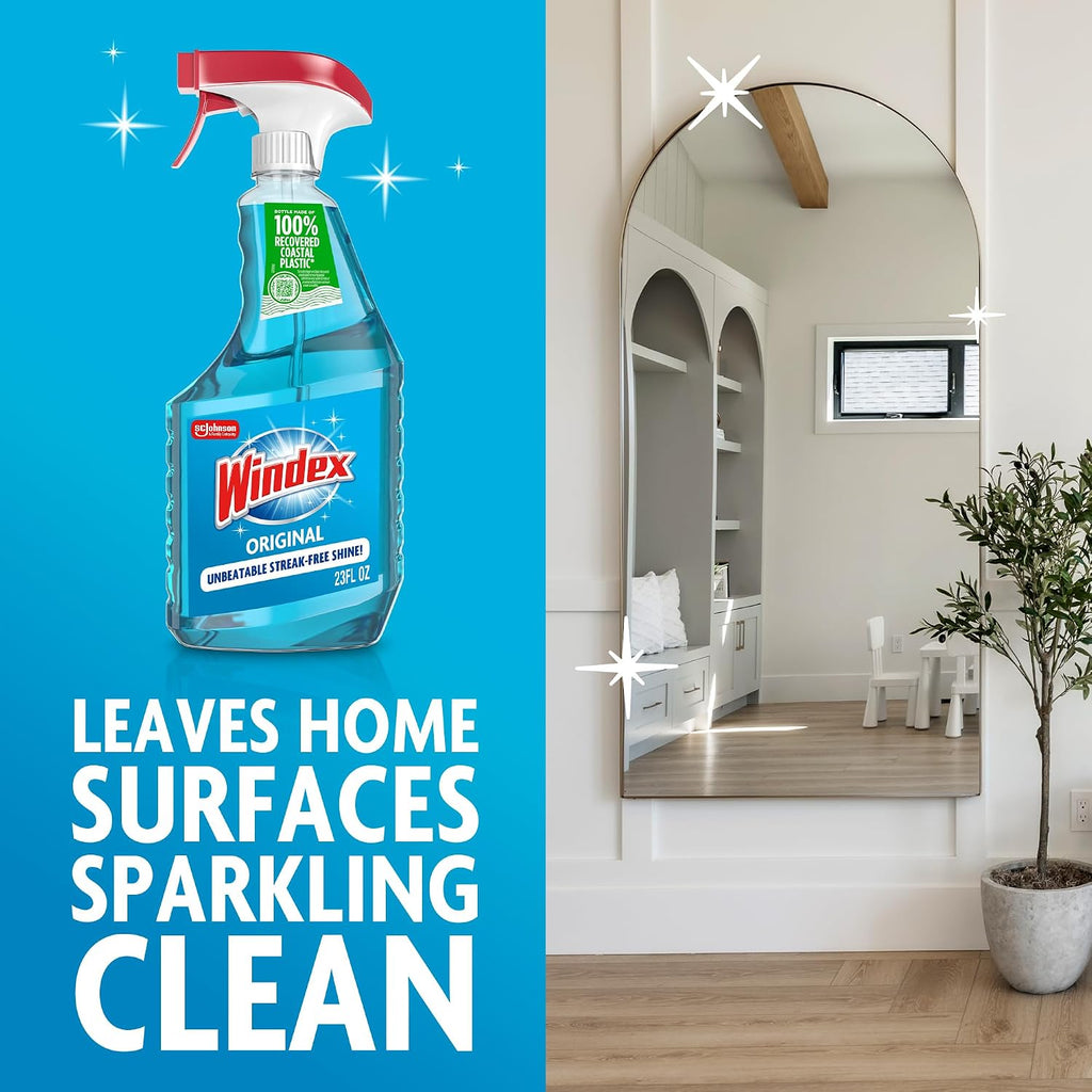 Windex Glass and Window Cleaner Spray Bottle, Packaging Designed to Prevent Leakage and Breaking, Surface Cleaning Spray, Original Blue Scent, 23 Fl Oz