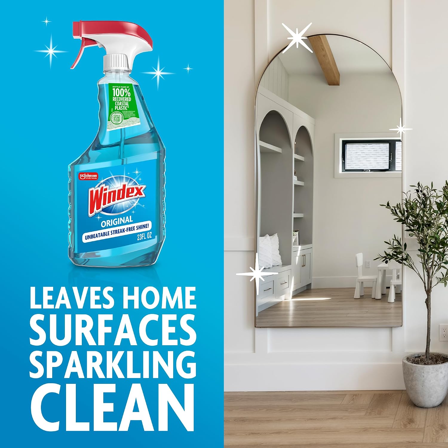 Windex Glass and Window Cleaner Spray Bottle, Packaging Designed to Prevent Leakage and Breaking, Surface Cleaning Spray, Original Blue Scent, 23 Fl Oz
