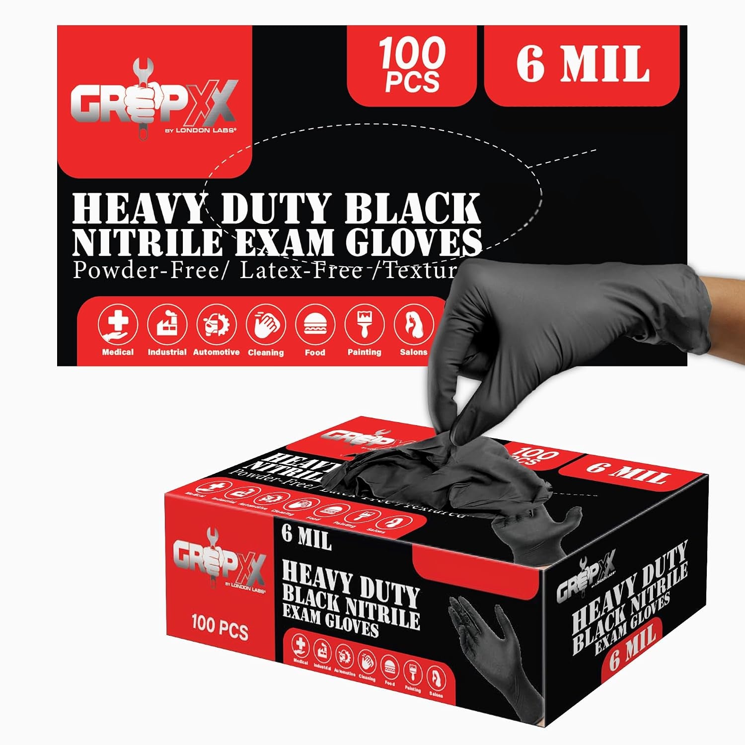 Heavy Duty 6 Mil Black Nitrile Gloves - Disposable, Latex & Powder Free | Mechanic, Food Prep & Tattoo | Rubber Gloves for Cooking, Cleaning & Household | Pack of (100)
