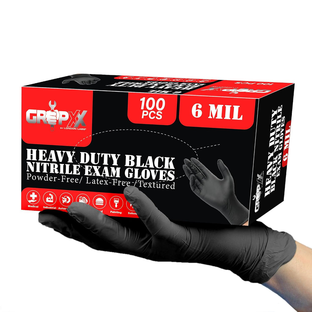 Heavy Duty 6 Mil Black Nitrile Gloves - Disposable, Latex & Powder Free | Mechanic, Food Prep & Tattoo | Rubber Gloves for Cooking, Cleaning & Household | Pack of (100)