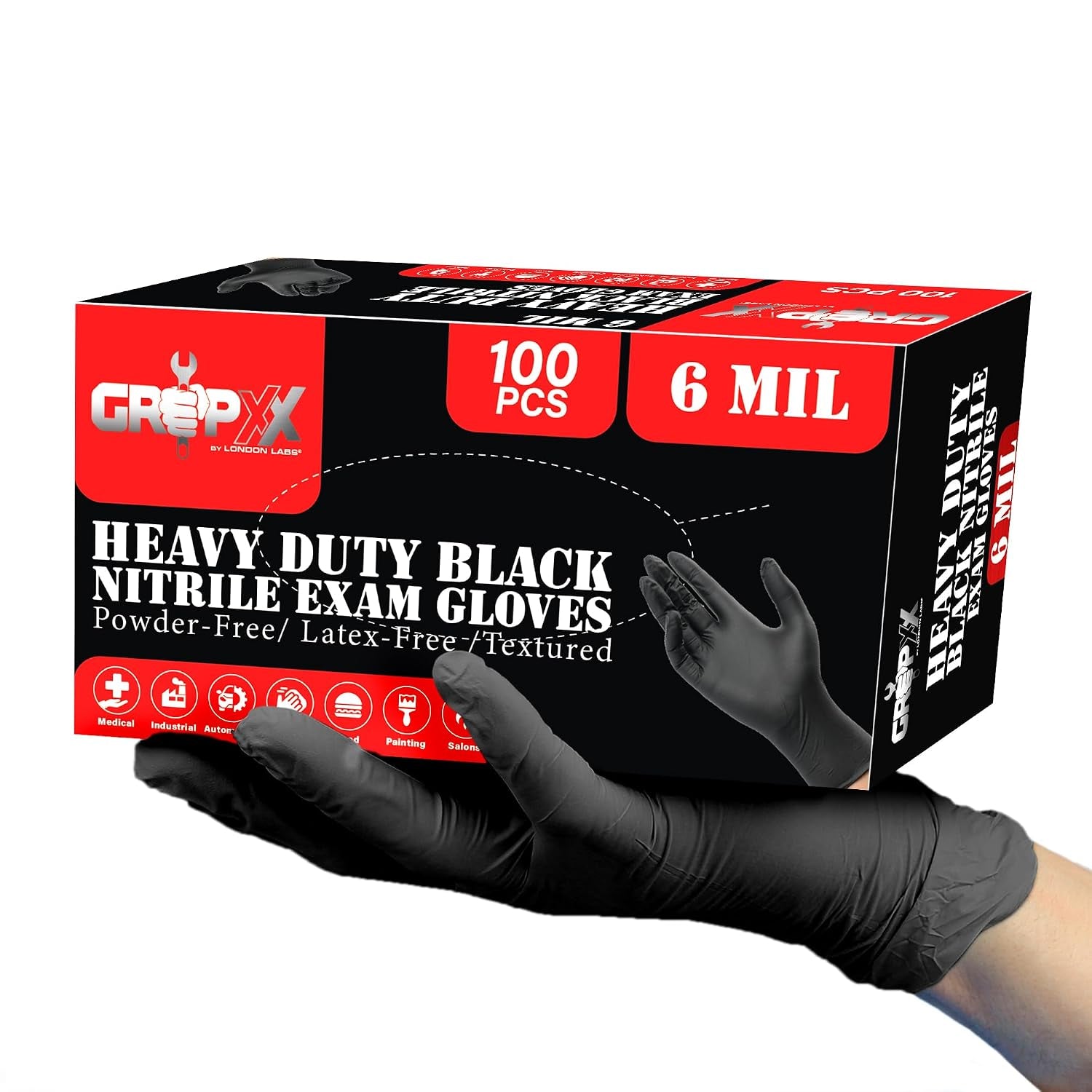Heavy Duty 6 Mil Black Nitrile Gloves - Disposable, Latex & Powder Free | Mechanic, Food Prep & Tattoo | Rubber Gloves for Cooking, Cleaning & Household | Pack of (100)