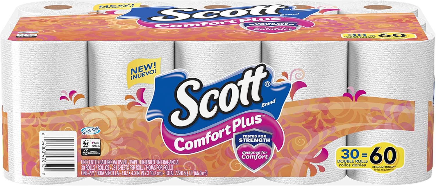 Scott Comfortplus Toilet Paper, 12 Triple Rolls, 231 Sheets per Roll, Septic-Safe, 1-Ply Toilet Tissue