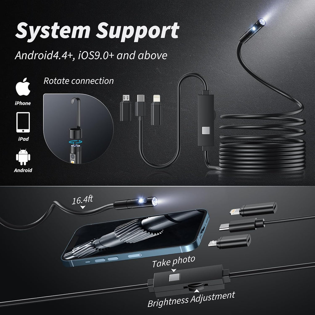 Endoscope Camera with Light, 1920P HD Bore Scope Borescope with 8 Lights, Waterproof 16.4FT Semi-Rigid Cord for Pipe Inspection, Industrial Endoscope for Phones(Dual Lens)